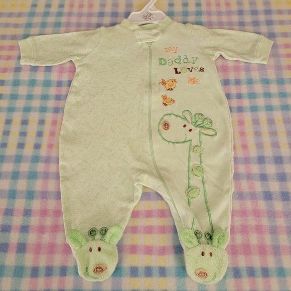 JUST BORN ♡ Green|Brown Giraffe Birdies MY DADDY LOVES ME Zip Footie Outfit 0-3M - Picture 9 of 15